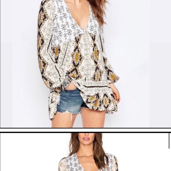 Free People geometry boho tunic long sleeve top dress XS white black brown stars - Picture 3 of 12